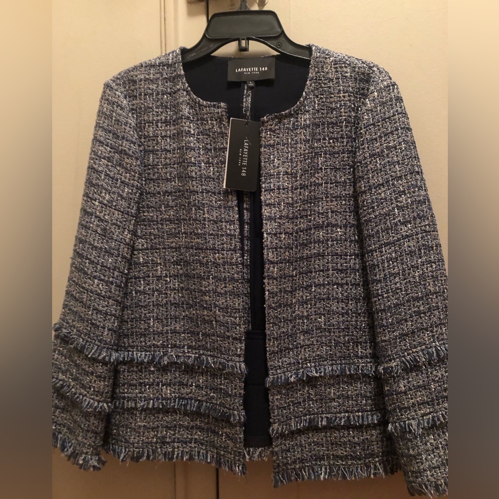 NWT Gorgeous Lafayette 148 Admiral Blue tweed jacket with 3 fringe layers